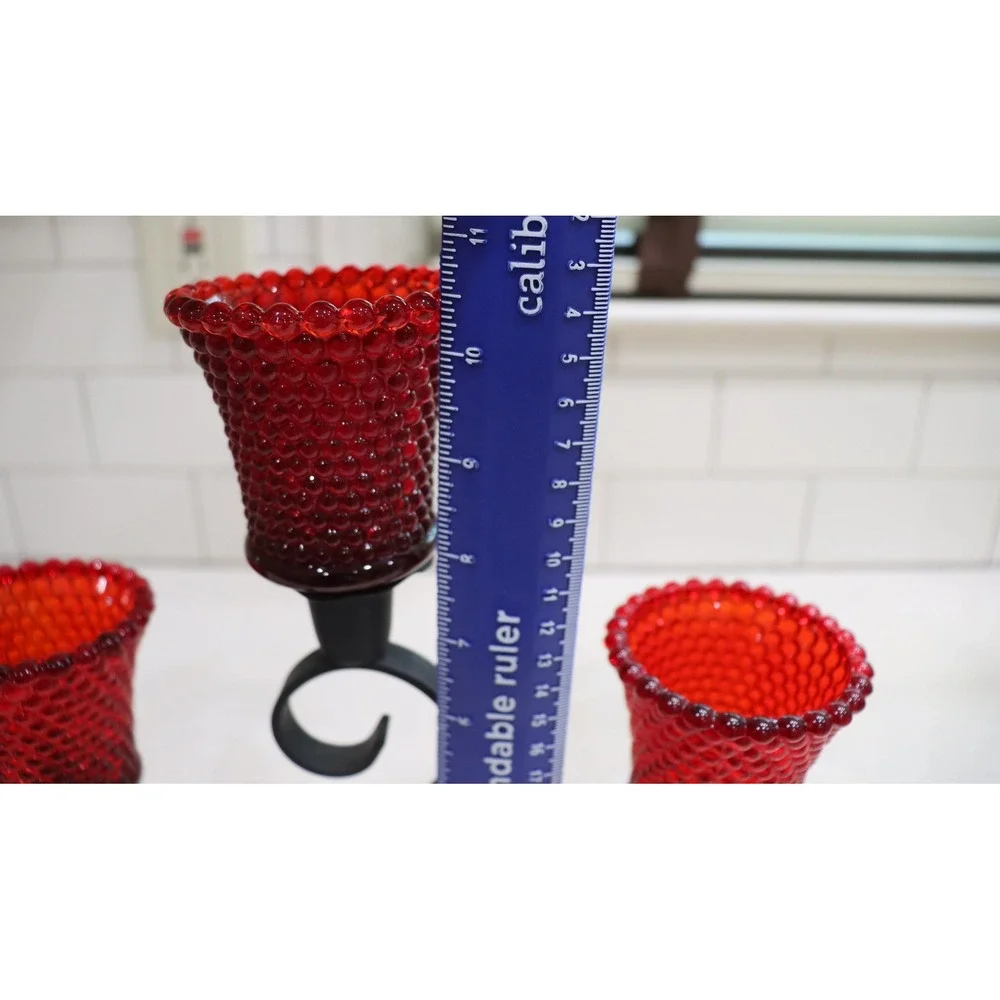 Wrought Iron Candelabra with 3 Red Hobnail Glass Votive Taper Holders Black